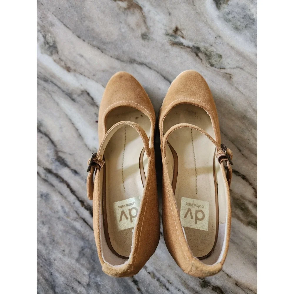 DV‎ Dolce Vita Tan Suede Mary Jane Espadrille Wedge Sandals Camel Brown Heel 8